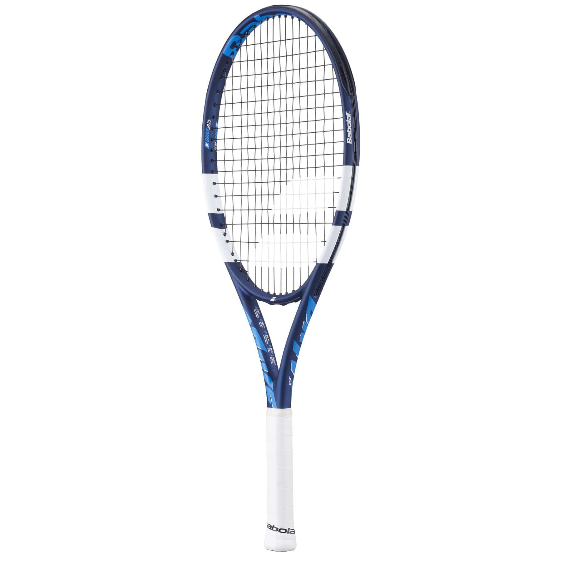 The Babolat Drive Junior 25 Tennis Racket by Babolat features blue and white colors, a black string pattern, and a white handle grip—ideal for intermediate players and shown against a plain white background.