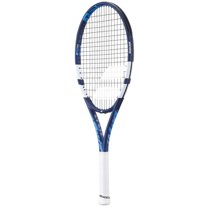 The Babolat Drive Junior 25 Tennis Racket by Babolat features blue and white colors, a black string pattern, and a white handle grip—ideal for intermediate players and shown against a plain white background.