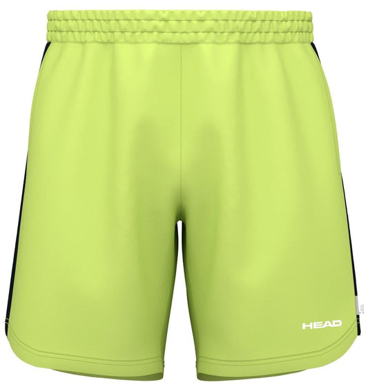 The HEAD Power Men's Tennis Shorts - LL are bright green with a visible elastic waistband, featuring black side accents. Made from moisture-wicking microfiber for comfort and performance, they have the "HEAD" logo printed in white at the bottom of the left leg for a sporty look.