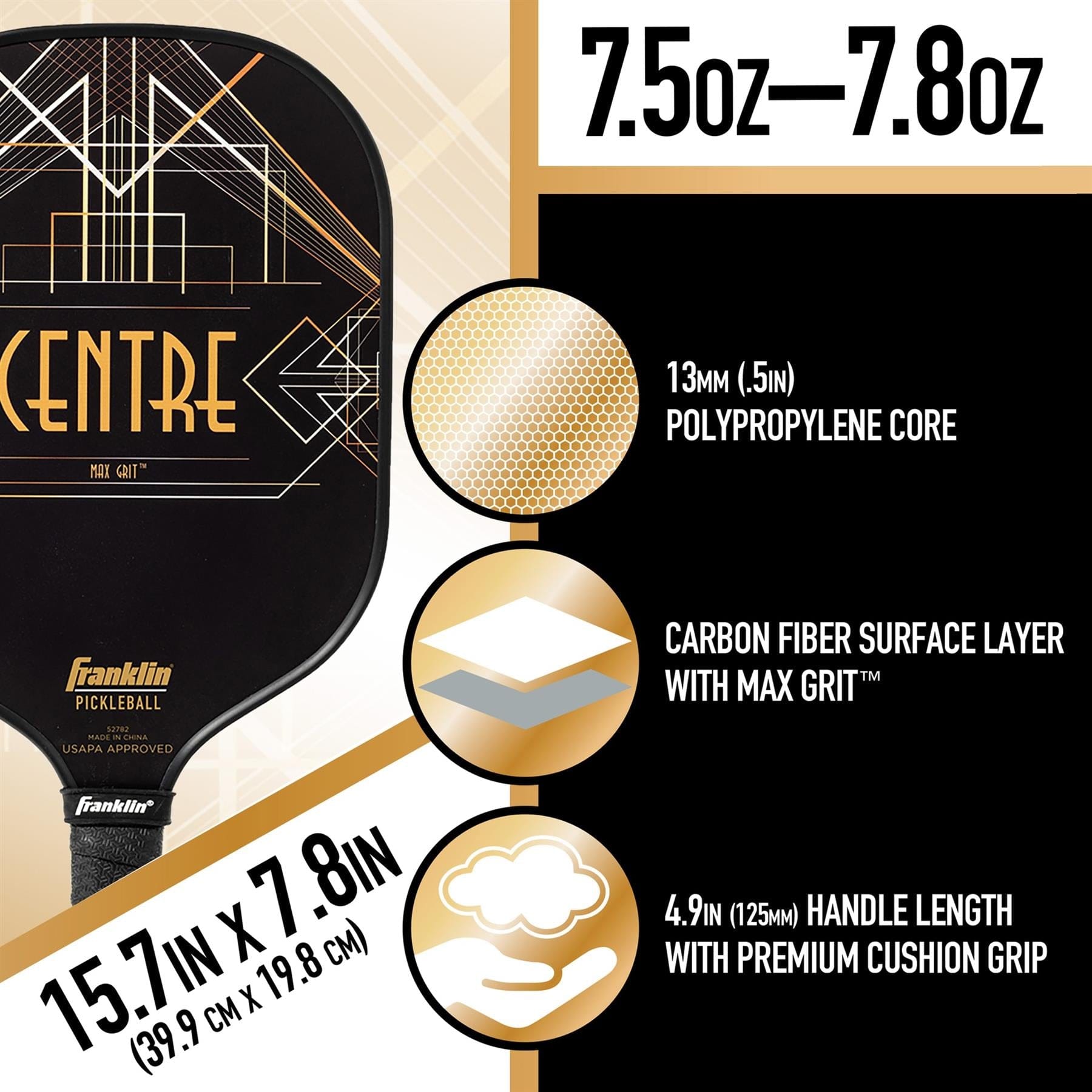 A diagram of the Franklin Center Signature Pickleball Paddle by Franklin highlights its 7.5–7.8 oz weight, 13mm polypropylene core, carbon fiber MaxGrit surface, 4.9 in cushioned handle, and 15.7 x 7.8 in size.