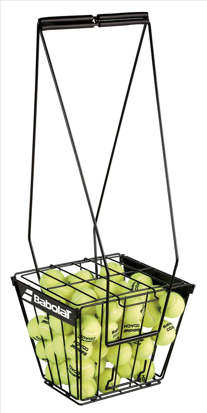 A black metal Babolat Tennis Ball Cart, ideal for training sessions, is filled with vibrant yellow tennis balls. It boasts a sturdy design with a convenient handle for easy carrying and prominently showcases the "Babolat" logo on the side. Perfect for both practice and play, this cart ensures you're always ready on the court.