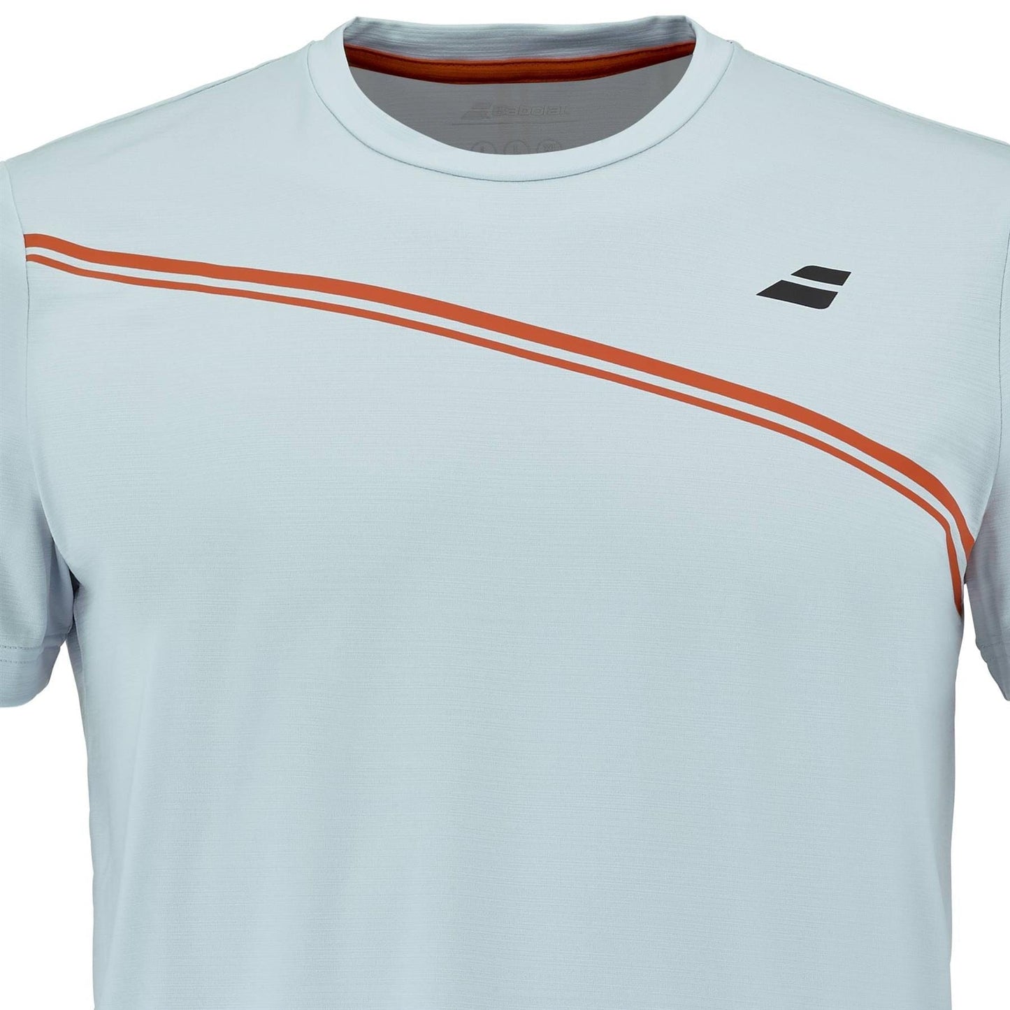 The Babolat Play Men's Crew Neck Tennis T-Shirt in Illusion Blue offers stylish comfort for matches, featuring a diagonal orange stripe, thin white accent, and small black logo on the left chest.