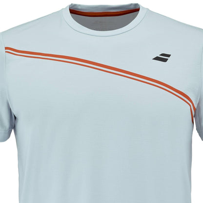 The Babolat Play Men's Crew Neck Tennis T-Shirt in Illusion Blue offers stylish comfort for matches, featuring a diagonal orange stripe, thin white accent, and small black logo on the left chest.