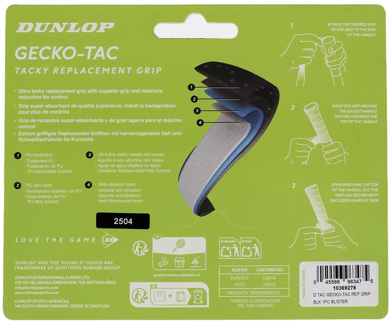 Back of a Dunlop Gecko-Tac Replacement Tennis Grip - Black package by Dunlop, featuring key grip features, a graphic of grip layers, usage instructions with illustrations, and a barcode at the bottom right.