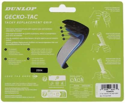 Back of a Dunlop Gecko-Tac Replacement Tennis Grip - Black package by Dunlop, featuring key grip features, a graphic of grip layers, usage instructions with illustrations, and a barcode at the bottom right.