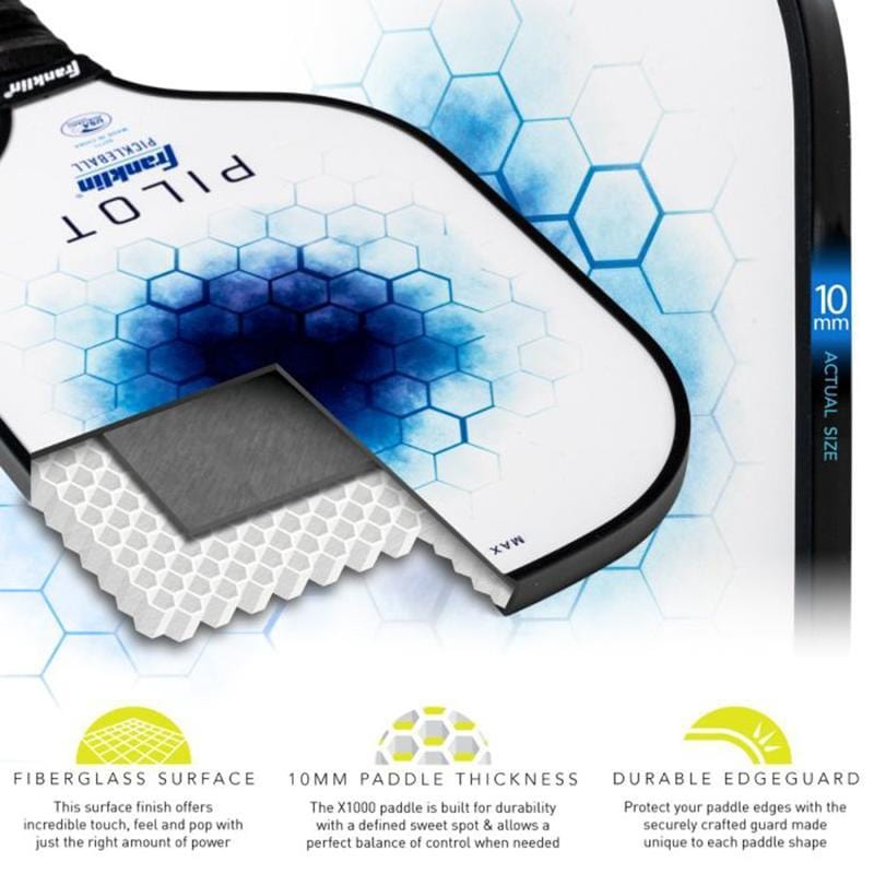 A close-up of the Franklin Pilot Pickleball Paddle by Franklin shows blue accents, hexagon pattern, a cutaway revealing its honeycomb core, and durable edge guard. Text notes its USAPA-approved fiberglass surface and 10mm thickness.