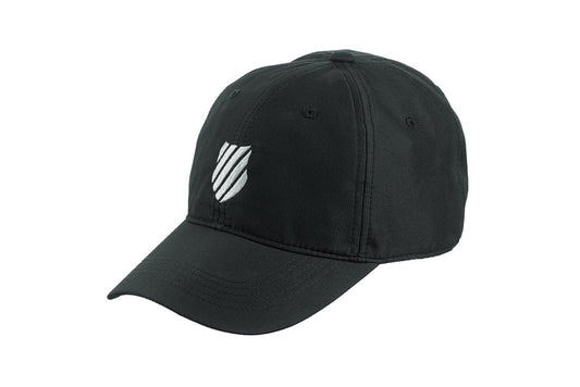 The K-Swiss Men's Tennis Cap in black and white, designed by K-Swiss, offers excellent sun protection with its curved brim. It showcases a small, white embroidered logo resembling a shield with three vertical stripes on the front and includes six eyelets for ventilation.