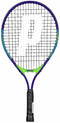 The Prince Ace/Face 21 Junior Tennis Racket features a blue and green frame crafted from lightweight aluminum, perfect for beginners aiming to generate power. The black strings prominently display the large "P" logo, and the handle is wrapped in sleek black grip tape.