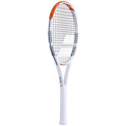 The Babolat Evo Strike Gen 2 Tennis Racket, designed in a striking white, red, and grey color scheme with a sleek black string pattern, provides an excellent balance of power and control. Displayed against a minimalist white background, it highlights its cushioned handle for superior comfort.