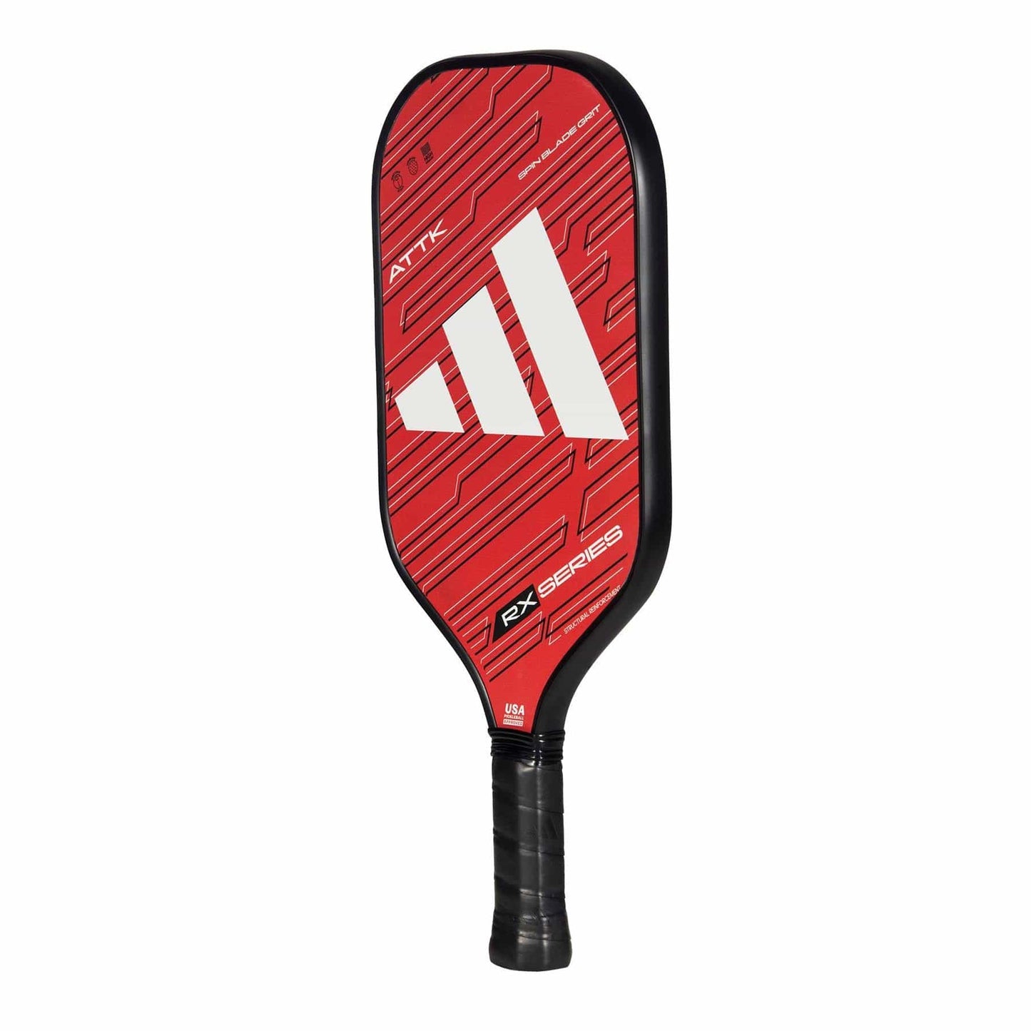 The adidas ADIDAS RX ATTK 3.3 Pickleball Paddle is a red intermediate paddle with black edges, grip-taped handle, bold white stripes, and geometric design featuring "ATTK" and "RX SERIES.