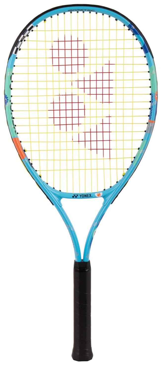 The Yonex Junior 25 Ocean Blue Tennis Racket features a black grip, yellow strings, and a red Yonex logo on the string bed—making it a perfect kids’ tennis racket.