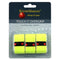 A package of Kirschbaum Touch It Tennis Overgrip 3 Pack - Yellow includes three vibrant yellow overgrips with a red cherry logo, known for their superior absorption and highly tacky grip feel.