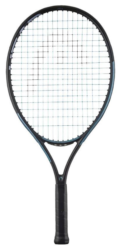A HEAD IG Gravity Junior 23 2025 Tennis Racket in black and blue, featuring a tightly strung oval head and lightweight graphite composite frame, stands upright against a white background with the handle at the bottom.