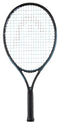 A HEAD IG Gravity Junior 23 2025 Tennis Racket in black and blue, featuring a tightly strung oval head and lightweight graphite composite frame, stands upright against a white background with the handle at the bottom.