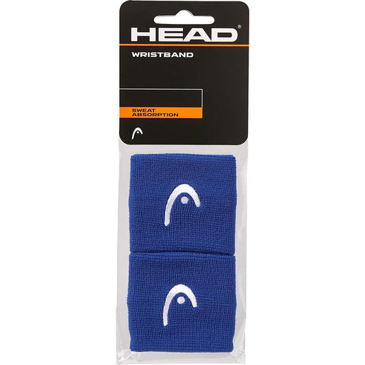 A set of HEAD 2.5" Tennis Wristbands in blue, showcasing the white HEAD logo and labeled "Sweat Absorption" on the front. These wristbands provide outstanding elasticity, ensuring a secure fit during intense matches.