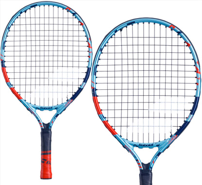 Displayed are two Babolat BallFighter 17 Junior Tennis Rackets in blue and red, ideal for embarking on any tennis journey. These rackets showcase frames with a grid of strings, black teaching grips, and Babolat branding on the throat. Positioned side by side, one racket is slightly tilted, ready to spring into action on the court.