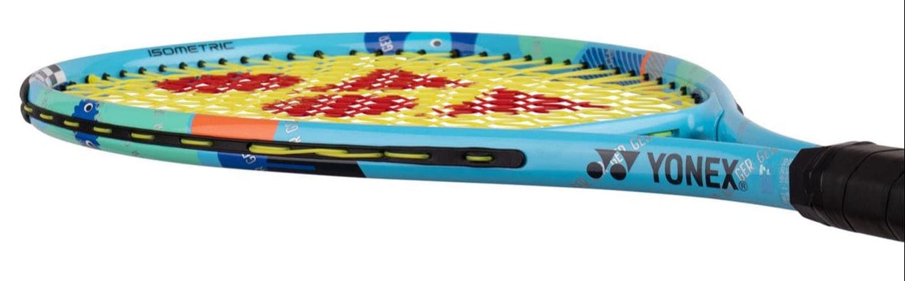 A close-up of the Yonex Junior 25 Ocean Blue Tennis Racket with a blue frame, yellow strings, and multicolored geometric patterns. The Yonex logo and "ISOMETRIC" appear on this vibrant junior racket.