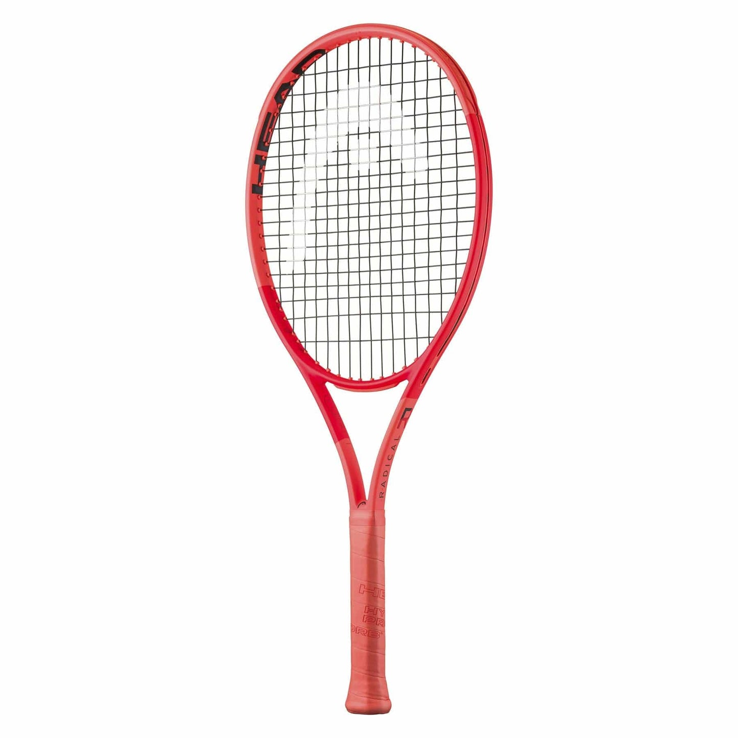 The HEAD Radical Junior 2025 Tennis Racket in red with black strings stands upright against a white background, displaying the "HEAD" logo on its frame and highlighting its quality for junior players.