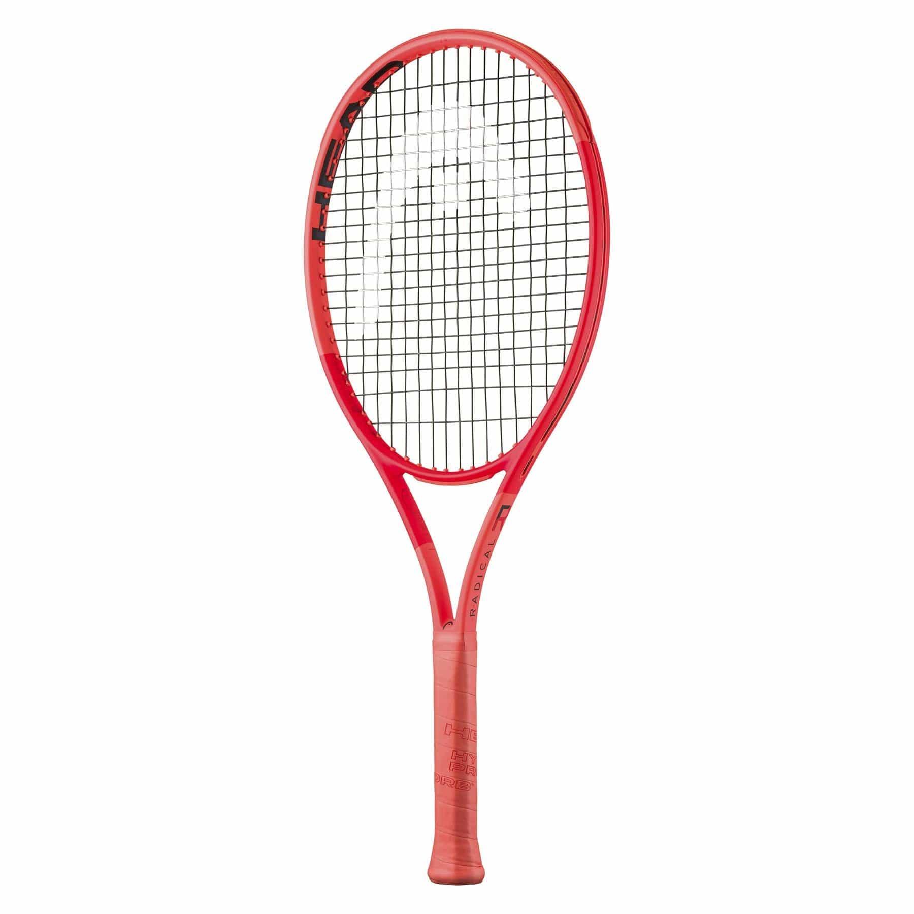 The HEAD Radical Junior 2025 Tennis Racket in red with black strings stands upright against a white background, displaying the "HEAD" logo on its frame and highlighting its quality for junior players.