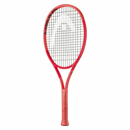 The HEAD Radical Junior 2025 Tennis Racket in red with black strings stands upright against a white background, displaying the "HEAD" logo on its frame and highlighting its quality for junior players.