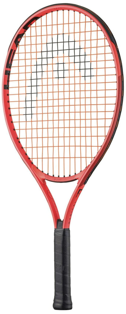 A HEAD Radical Junior 23 2025 Tennis Racket for kids, featuring a red and black design with black grip tape and orange strings, is shown against a white background.