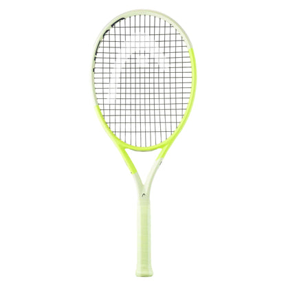 The HEAD Extreme Team 2024 Tennis Racket - Green showcases a light green and white frame paired with black strings. It is equipped with spin grommets for outstanding control and incorporates Auxetic 2.0 technology to ensure superior performance on the court, all set against a plain white background.