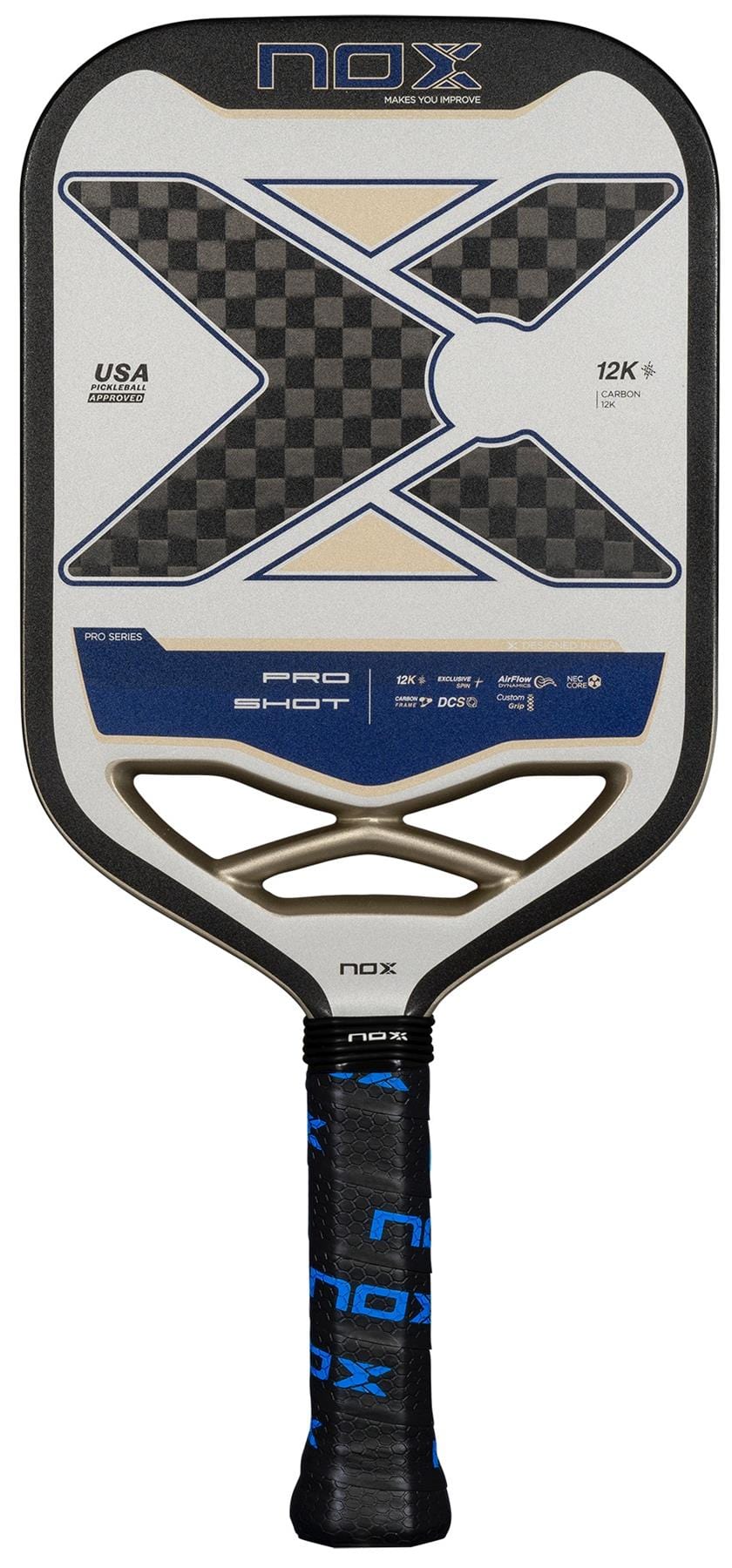The NOX Pro Shot Pickleball Paddle features a large black and gray X design with blue accents, carbon fibre construction for durability and enhanced spin, and a black and blue grip tape handle. Brand name “NOX” displayed at the top.
