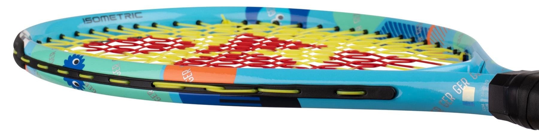 A close-up of the Yonex Junior 19 Ocean Blue Tennis Racket highlights its vibrant blue frame, geometric patterns, and colorful strings—making it an ideal kids' tennis racket with "ISOMETRIC" printed on the side.
