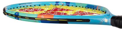 A close-up of the Yonex Junior 19 Ocean Blue Tennis Racket highlights its vibrant blue frame, geometric patterns, and colorful strings—making it an ideal kids' tennis racket with "ISOMETRIC" printed on the side.