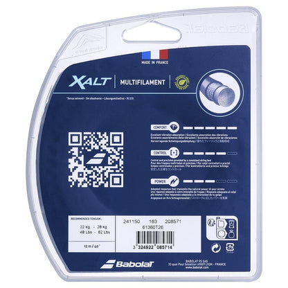 The packaging of the Babolat XALT Tennis String (12m) - White Spiral by Babolat showcases details about comfort, control, and power for enduring performance. It features a QR code, recommended tension information (22-28 kg, 48-62 lbs), a "Made in France" label, and a barcode.