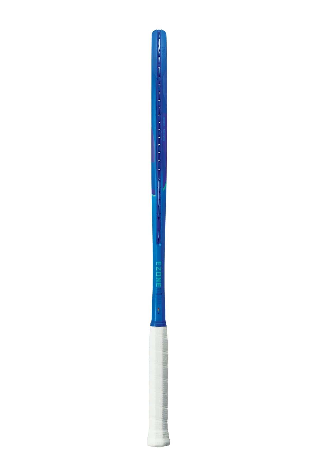 The Yonex EZONE 98 2025 Tour Tennis Racket, a professional favorite, stands upright with a blast blue frame and white grip against a plain white background.