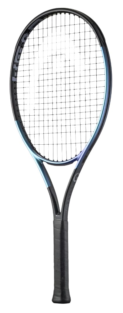 The HEAD Gravity Junior 2025 Tennis Racket by HEAD is black and blue with a black grip, black strings, round head, and features Auxetic 2.0 technology. It is displayed on a white background.