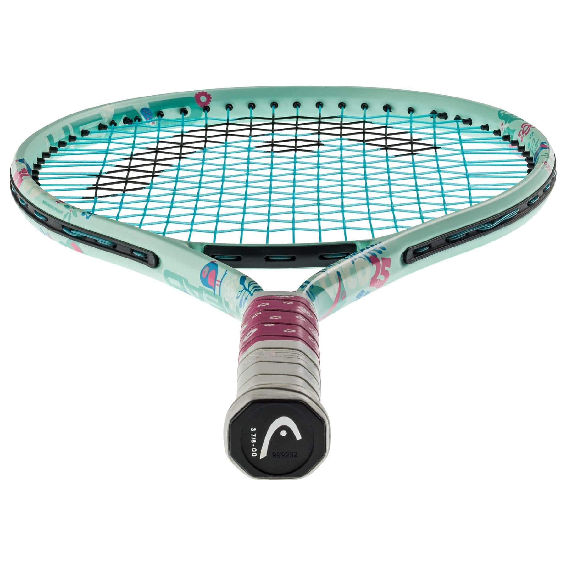 The HEAD Coco 25 Junior Tennis Racket by HEAD is shown from the handle, featuring teal and pink colors, black strings, and decorative frame patterns.