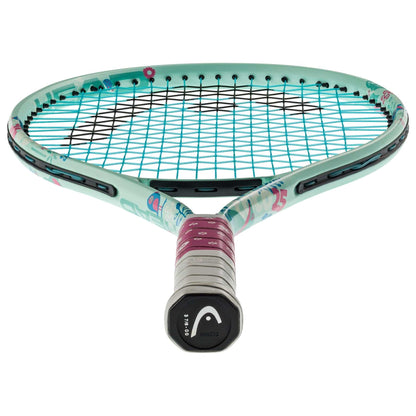 The HEAD Coco 25 Junior Tennis Racket by HEAD is shown from the handle, featuring teal and pink colors, black strings, and decorative frame patterns.