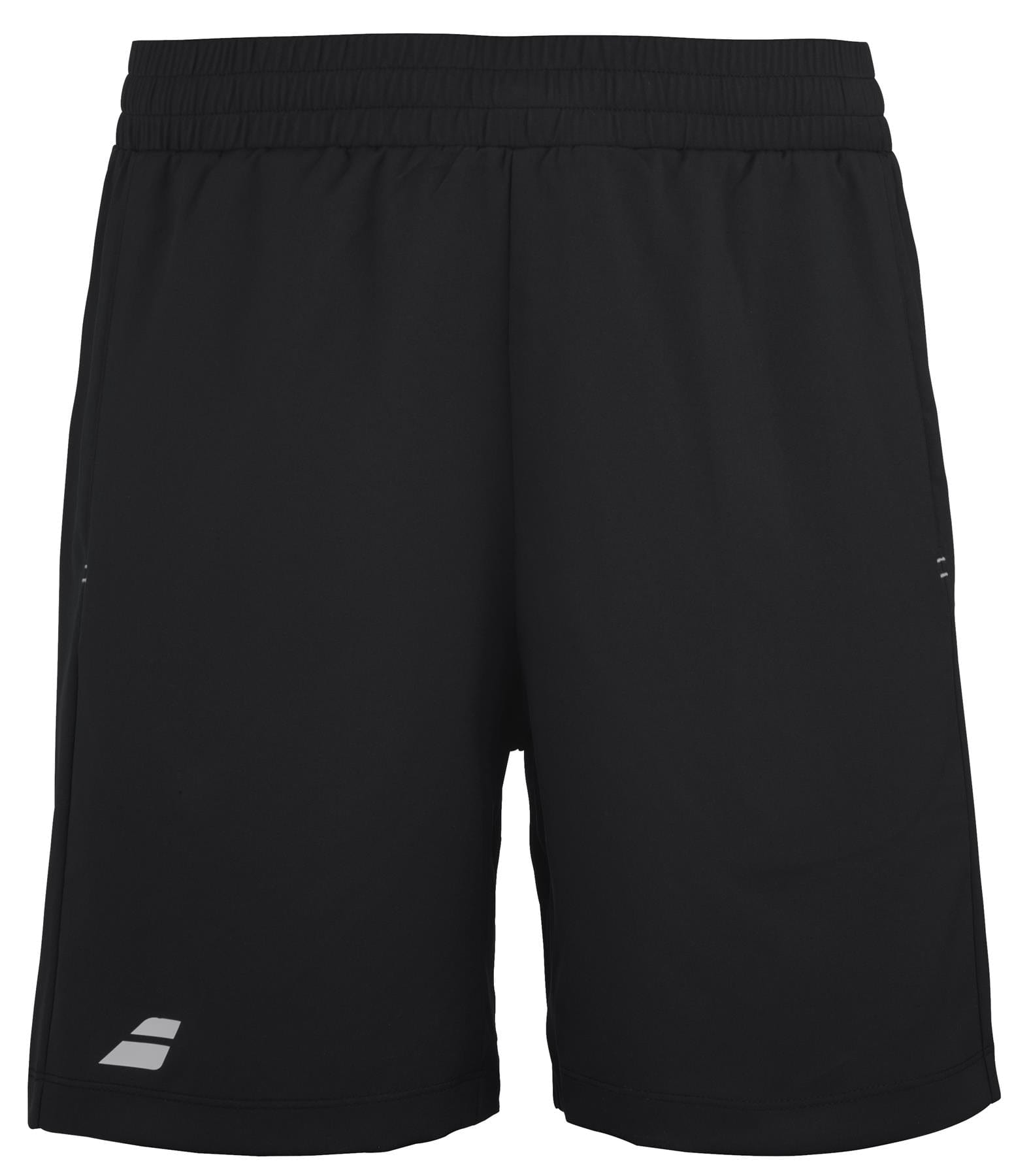Introducing the Babolat Play Men's Tennis Shorts in black: crafted by Babolat, these athletic shorts feature 360 Motion technology and are made from recycled polyester. They come with an elastic waistband, a subtle brand logo, and small side slits, providing a sleek design ideal for both sports and casual wear.