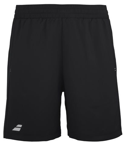 Introducing the Babolat Play Men's Tennis Shorts in black: crafted by Babolat, these athletic shorts feature 360 Motion technology and are made from recycled polyester. They come with an elastic waistband, a subtle brand logo, and small side slits, providing a sleek design ideal for both sports and casual wear.