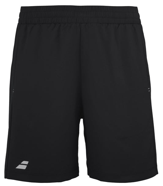 Introducing the Babolat Play Men's Tennis Shorts in black: crafted by Babolat, these athletic shorts feature 360 Motion technology and are made from recycled polyester. They come with an elastic waistband, a subtle brand logo, and small side slits, providing a sleek design ideal for both sports and casual wear.
