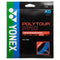 The image displays a Yonex Polytour Pro Tennis String (12m) package. The packaging is black with blue, green, and white accents, featuring the phrases "Soft Polyester String" and "Power Spin Comfort," emphasizing its 12m/39ft length for optimal performance.
