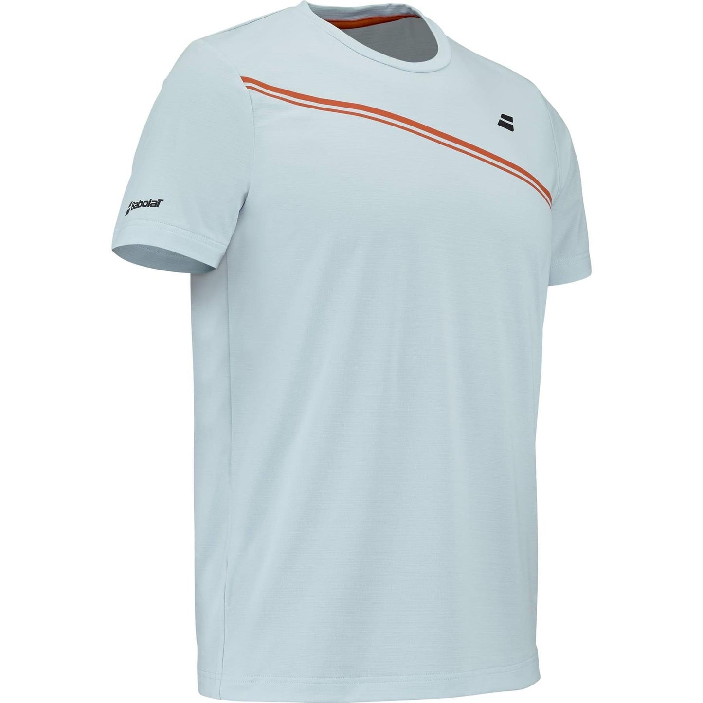 The Babolat Play Men’s Crew Neck Tennis T-Shirt in Illusion Blue features a bold orange diagonal stripe, small Babolat logos on the left sleeve and upper right chest, and offers comfortable sportswear for men’s tennis.