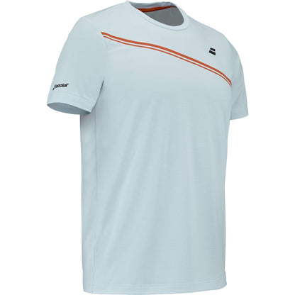 The Babolat Play Men’s Crew Neck Tennis T-Shirt in Illusion Blue features a bold orange diagonal stripe, small Babolat logos on the left sleeve and upper right chest, and offers comfortable sportswear for men’s tennis.