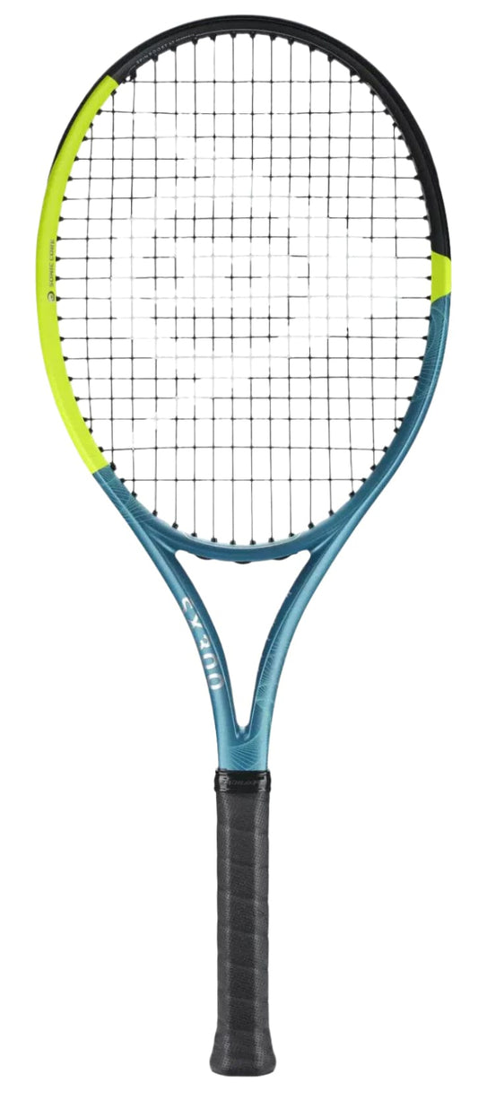 The Dunlop SX 300 2025 Tennis Racket by Dunlop features a black and yellow frame with teal blue sides, a black grip handle, spin-boost string tech, and an oval head shape. The racket looks clean and in good condition.