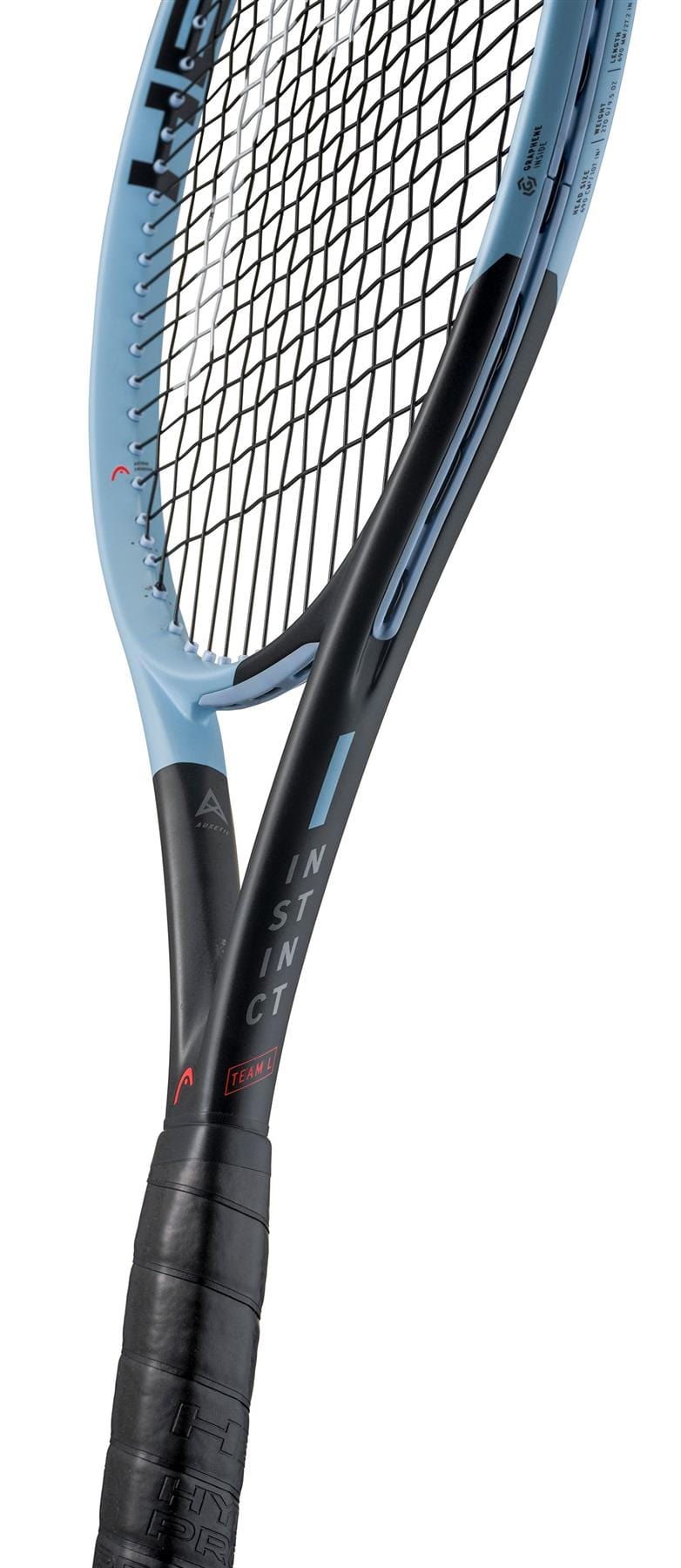 A close-up view of the HEAD Instinct Team L 2025 Tennis Racket highlights its handle, throat, and string bed against a white background—ideal for players who want effortless power.