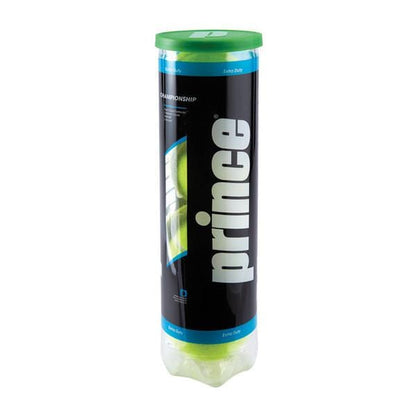 A cylindrical container of Prince Championship Tennis Balls featuring a green lid displays tournament-quality design. The primarily black packaging is adorned with blue and white text, highlighting "Championship" and "Extra Duty." These balls, ITF approved for top-level play, come in a 4-ball tube.