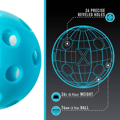Close-up of a blue Franklin Indoor X-26 Pickleball Ball (3 Ball) on the left; right side shows a diagram detailing its 26 beveled holes, 26g weight, 74mm diameter, and USA Pickleball approved design against a black background.