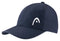 Introducing the HEAD Pro Player Tennis Cap in navy, a stylish cap by HEAD featuring a curved brim and adorned with a white abstract logo that includes a small circle. This lightweight cap is designed with stitching details, offers excellent sweat absorption, and is equipped with ventilation holes on the sides for added comfort.