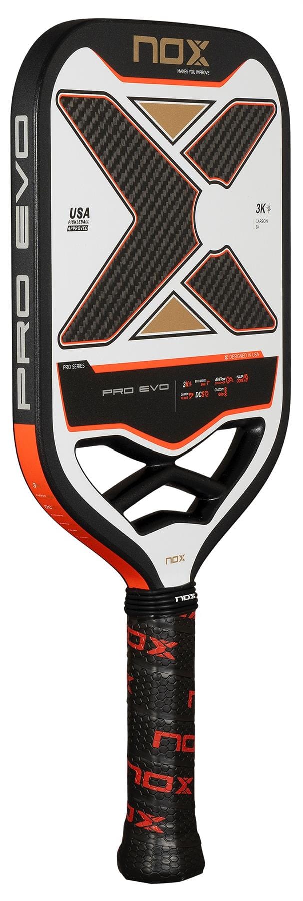 The NOX Pro Evo Pickleball Paddle by NOX features a black, white, and orange carbon fiber design with angular cutouts and cushioned grip—ideal for players wanting a premium carbon fiber paddle with spin.
