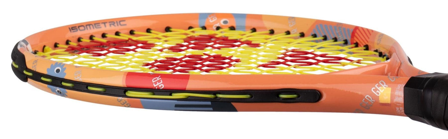 Close-up of the Yonex Junior 17 Coral Orange Tennis Racket, an ideal beginner racket for kids, featuring a vibrant design with colorful accents and isometric head, displayed against a white background.