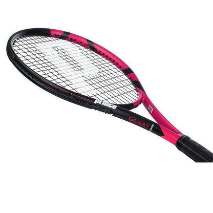 The Prince Beast Power 270g Tennis Racket by Prince is shown in black and pink on a white background, featuring visible strings and part of the handle—a great graphite racket for beginners.