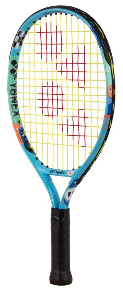 The Yonex Junior 17 Ocean Blue Tennis Racket features a stylish blue and black design with yellow strings, a red pattern on the string bed, and a black grip—ideal for young beginners.