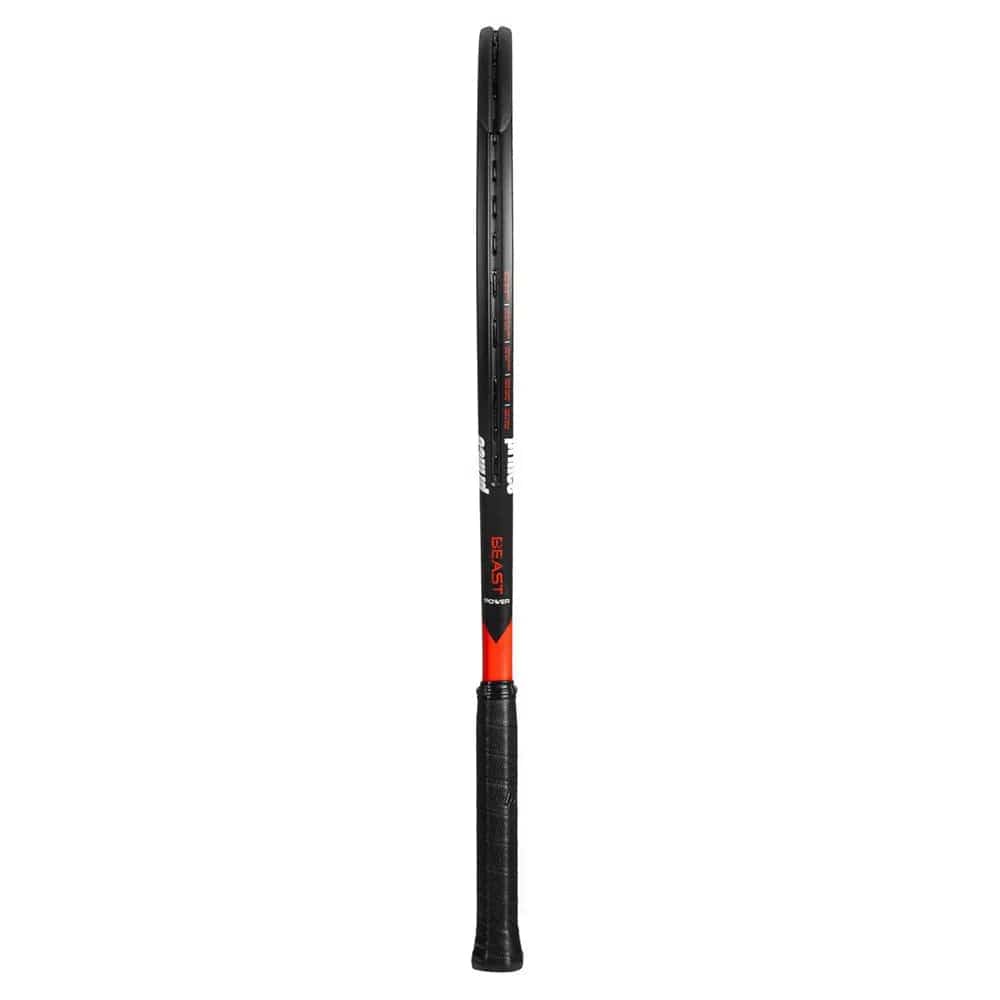 The Prince Beast Power 285g Tennis Racket by Prince is shown from the side, featuring a black and red design, slim frame, black grip, and displayed isolated on a white background.